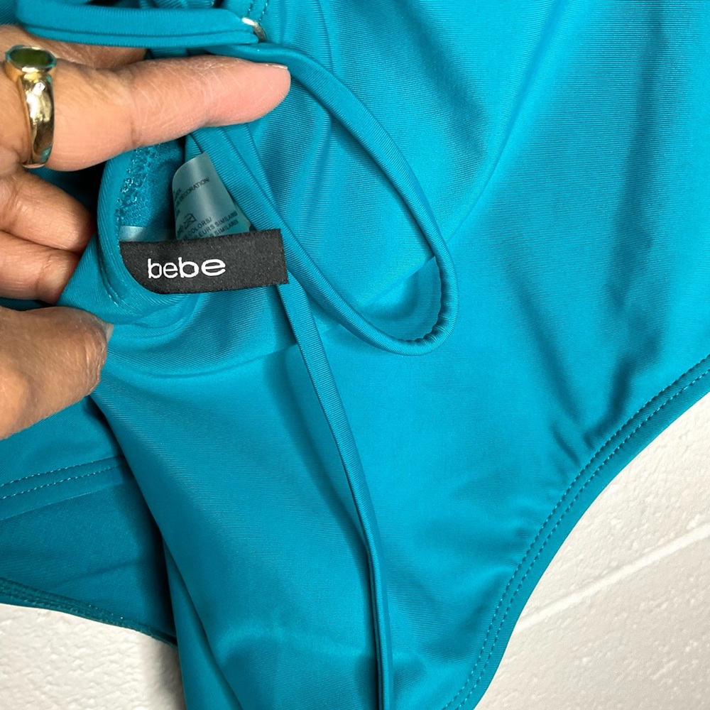 < Bebe Rhinestone Logo Teal One Piece Swimsuit > - Picture 4 of 6